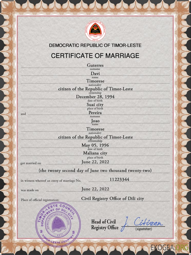 Modèle PSD de certificat de mariage du Timor Leste